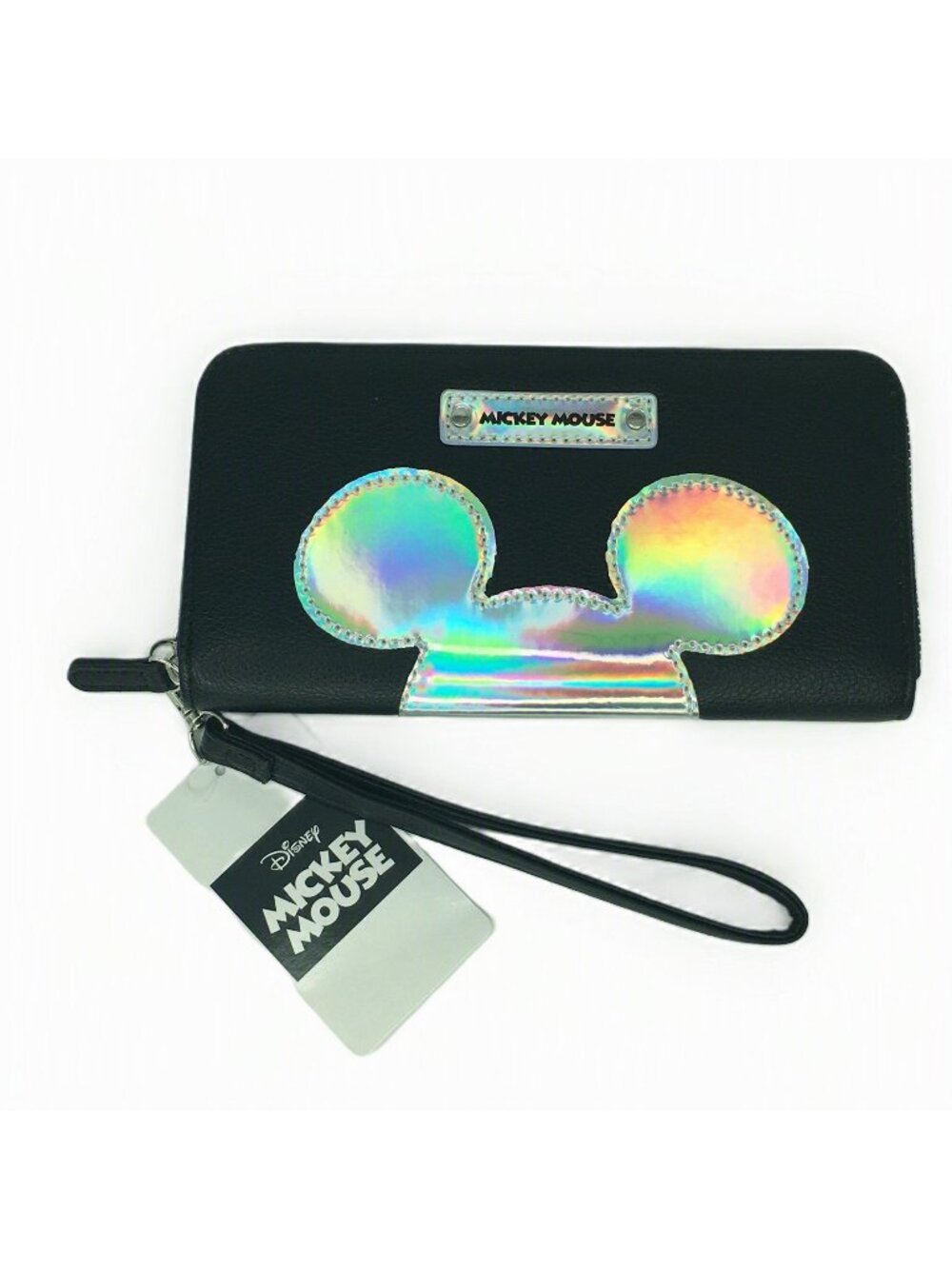 Disney Mickey Mouse Holographic Iridescent Zip Around Wristlet Wallet Black NWT